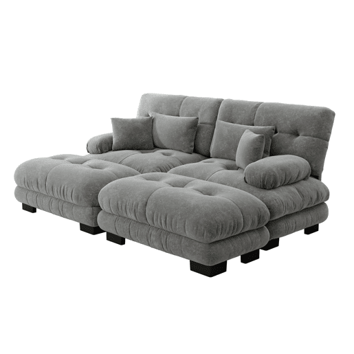 Sofá Cloud 2 lugares - Chenille com 2 almofadas lombares e 2 almofadas decorativas, com 2 pufes - Cinza Sofá Cloud 2 lugares - Chenille com 2 almofadas lombares e 2 almofadas decorativas, com 2 pufes - Cinza