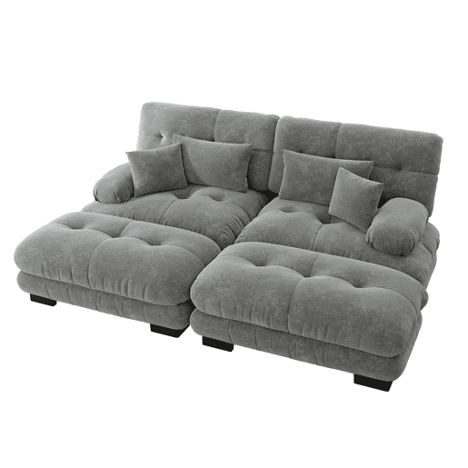 Sofá Cloud 2 lugares - Chenille com 2 almofadas lombares e 2 almofadas decorativas, com 2 pufes - Cinza Sofá Cloud 2 lugares - Chenille com 2 almofadas lombares e 2 almofadas decorativas, com 2 pufes - Cinza