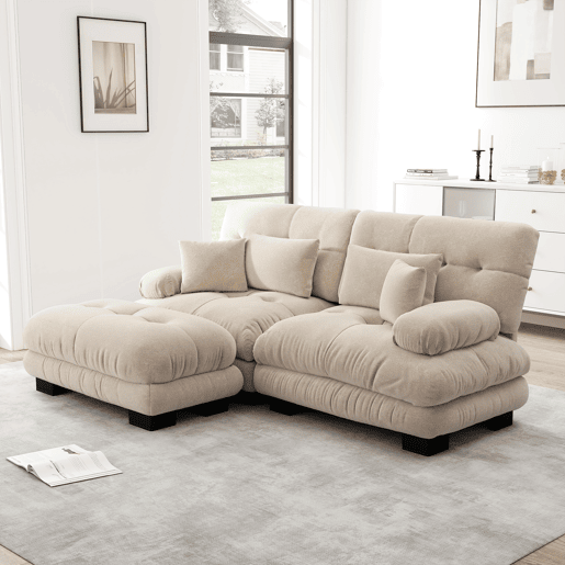 Sofá de canto Cloud - 2 lugares - Chenille com 2 almofadas lombares, 2 almofadas decorativas, braços largos e otomana - Café