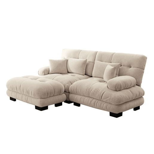 Sofá de canto Cloud - 2 lugares - Chenille com 2 almofadas lombares, 2 almofadas decorativas, braços largos e otomana - Café