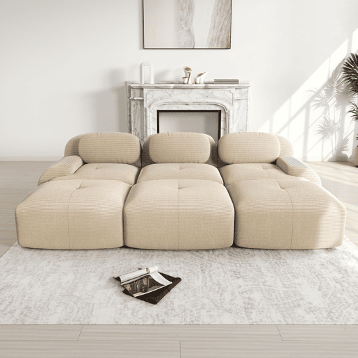 Sofá modular de 3 lugares com 3 pufes - Montagem sem necessidade, adequado para animais de estimação, braços ultra-refinados, estofamento altamente elástico 32D - Bege
