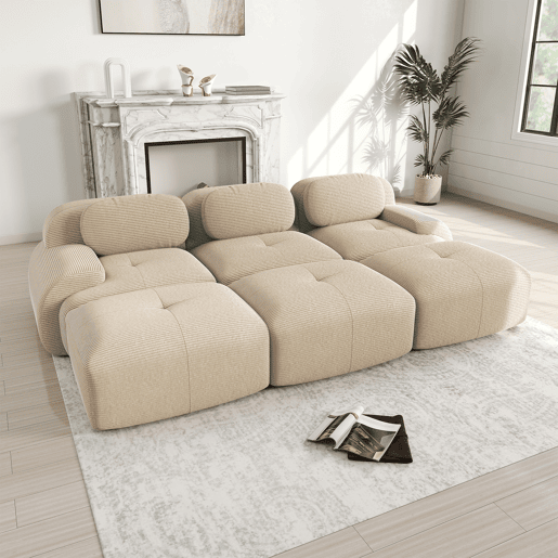 Sofá modular de 3 lugares com 3 pufes - Montagem sem necessidade, adequado para animais de estimação, braços ultra-refinados, estofamento altamente elástico 32D - Bege