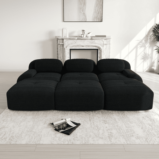 Sofá modular de 3 lugares - com 3 pufes, montagem sem ferramentas, adequado para animais de estimação, braços ultra largos - Preto