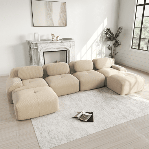 Sofá modular em U - 4 lugares - sem montagem, veludo cotelê respirável, enchimento 32D de alta elasticidade, braços extra largos, ergonómico, adequado para animais de estimação - Bege