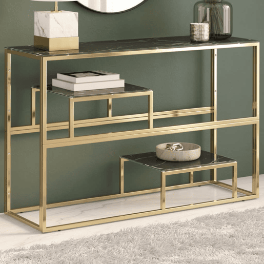 Mesa Consola - Mesa De Entrada aço inoxidável e vidro temperado dourado