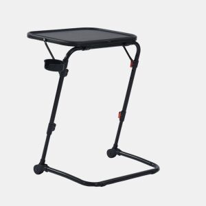 Mesa Auxiliar Dobrável Portátil Estilo Moderno Preto, Altura Regulável, Suporte Para Copo, Estrutura Metálica Robusta e Compacta, Ideal Para Sofá, Cama ou Escritório, Fácil de Guardar Sob o Móvel, Perfeita Para Computador, Tablet ou Refeições.