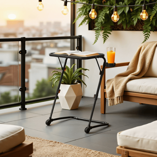 Mesa Auxiliar Dobrável Portátil Estilo Moderno Preto, Altura Regulável, Suporte Para Copo, Estrutura Metálica Robusta e Compacta, Ideal Para Sofá, Cama ou Escritório, Fácil de Guardar Sob o Móvel, Perfeita Para Computador, Tablet ou Refeições.