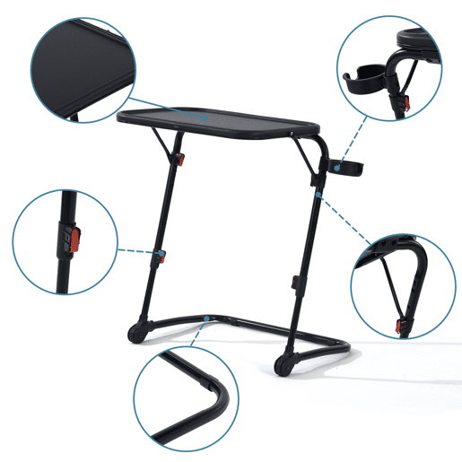 Mesa Auxiliar Dobrável Portátil Estilo Moderno Preto, Altura Regulável, Suporte Para Copo, Estrutura Metálica Robusta e Compacta, Ideal Para Sofá, Cama ou Escritório, Fácil de Guardar Sob o Móvel, Perfeita Para Computador, Tablet ou Refeições.