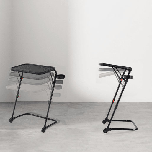 Mesa Auxiliar Dobrável Portátil Estilo Moderno Preto, Altura Regulável, Suporte Para Copo, Estrutura Metálica Robusta e Compacta, Ideal Para Sofá, Cama ou Escritório, Fácil de Guardar Sob o Móvel, Perfeita Para Computador, Tablet ou Refeições.