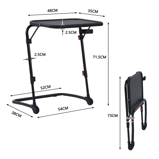 Mesa Auxiliar Dobrável Portátil Estilo Moderno Preto, Altura Regulável, Suporte Para Copo, Estrutura Metálica Robusta e Compacta, Ideal Para Sofá, Cama ou Escritório, Fácil de Guardar Sob o Móvel, Perfeita Para Computador, Tablet ou Refeições.