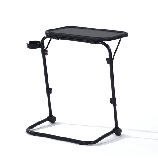 Mesa Auxiliar Dobrável Portátil Estilo Moderno Preto, Altura Regulável, Suporte Para Copo, Estrutura Metálica Robusta e Compacta, Ideal Para Sofá, Cama ou Escritório, Fácil de Guardar Sob o Móvel, Perfeita Para Computador, Tablet ou Refeições.