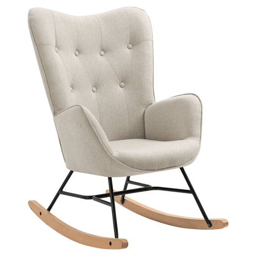 Poltrona De Balanço Estofada Em Tecido Bege Com Encosto Alto E Apoios De Braço, Pernas Em Madeira Natural E Estrutura Metálica Preta, Medidas 98x68x85 Cm, Suporte Até 120 Kg, Design Moderno E Elegante Ideal Para Sala Quarto Ou Espaço De Leitura