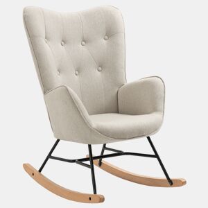 Poltrona De Balanço Estofada Em Tecido Bege Com Encosto Alto E Apoios De Braço, Pernas Em Madeira Natural E Estrutura Metálica Preta, Medidas 98x68x85 Cm, Suporte Até 120 Kg, Design Moderno E Elegante Ideal Para Sala Quarto Ou Espaço De Leitura