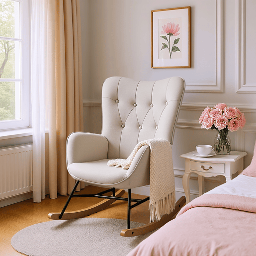 Poltrona De Balanço Estofada Em Tecido Bege Com Encosto Alto E Apoios De Braço, Pernas Em Madeira Natural E Estrutura Metálica Preta, Medidas 98x68x85 Cm, Suporte Até 120 Kg, Design Moderno E Elegante Ideal Para Sala Quarto Ou Espaço De Leitura