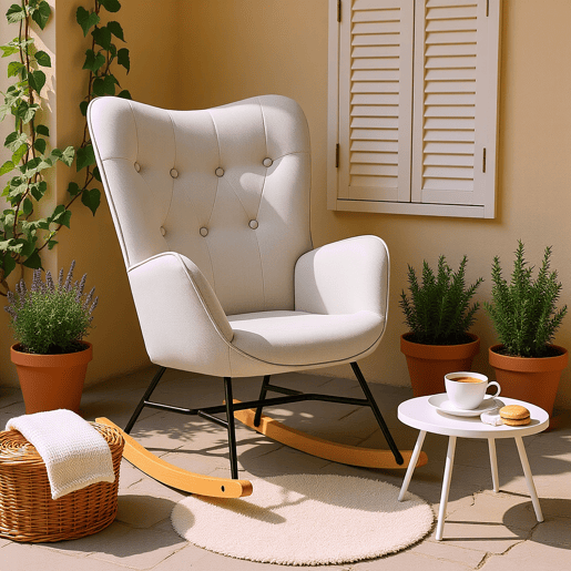 Poltrona De Balanço Estofada Em Tecido Bege Com Encosto Alto E Apoios De Braço, Pernas Em Madeira Natural E Estrutura Metálica Preta, Medidas 98x68x85 Cm, Suporte Até 120 Kg, Design Moderno E Elegante Ideal Para Sala Quarto Ou Espaço De Leitura