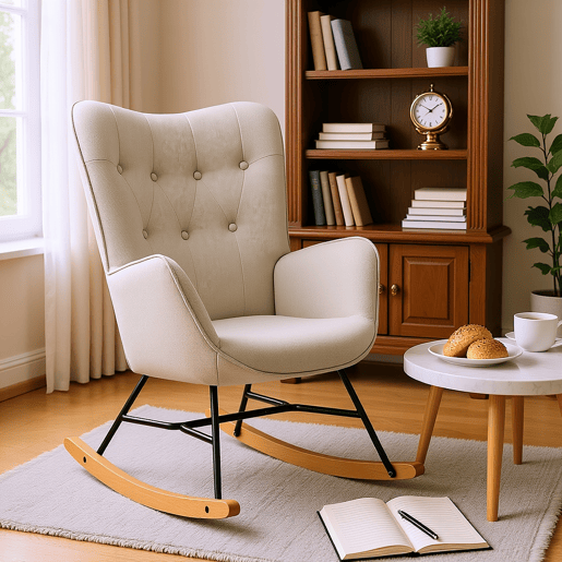 Poltrona De Balanço Estofada Em Tecido Bege Com Encosto Alto E Apoios De Braço, Pernas Em Madeira Natural E Estrutura Metálica Preta, Medidas 98x68x85 Cm, Suporte Até 120 Kg, Design Moderno E Elegante Ideal Para Sala Quarto Ou Espaço De Leitura