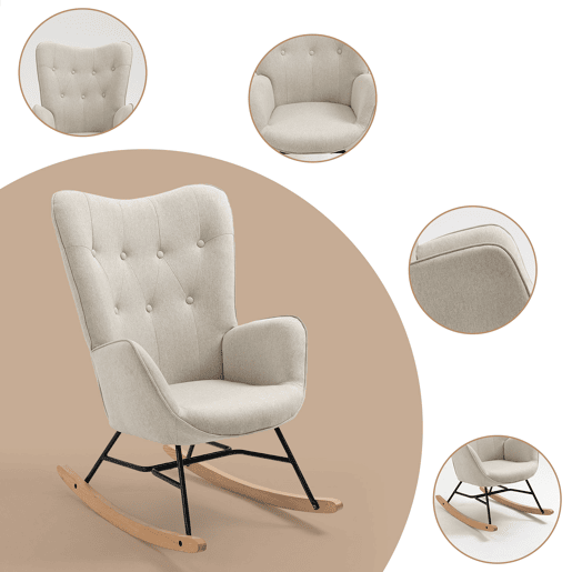 Poltrona De Balanço Estofada Em Tecido Bege Com Encosto Alto E Apoios De Braço, Pernas Em Madeira Natural E Estrutura Metálica Preta, Medidas 98x68x85 Cm, Suporte Até 120 Kg, Design Moderno E Elegante Ideal Para Sala Quarto Ou Espaço De Leitura