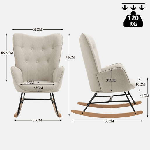 Poltrona De Balanço Estofada Em Tecido Bege Com Encosto Alto E Apoios De Braço, Pernas Em Madeira Natural E Estrutura Metálica Preta, Medidas 98x68x85 Cm, Suporte Até 120 Kg, Design Moderno E Elegante Ideal Para Sala Quarto Ou Espaço De Leitura