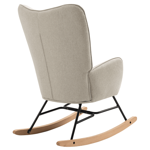 Poltrona De Balanço Estofada Em Tecido Bege Com Encosto Alto E Apoios De Braço, Pernas Em Madeira Natural E Estrutura Metálica Preta, Medidas 98x68x85 Cm, Suporte Até 120 Kg, Design Moderno E Elegante Ideal Para Sala Quarto Ou Espaço De Leitura