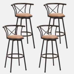 Cadeira Alta De Bar Com Encosto, Estrutura De Metal E Assento De Tecido, Estilo Moderno, Ideal Para Cozinha Ou Bar, Conjunto Com 4 Unidades, Marrom
