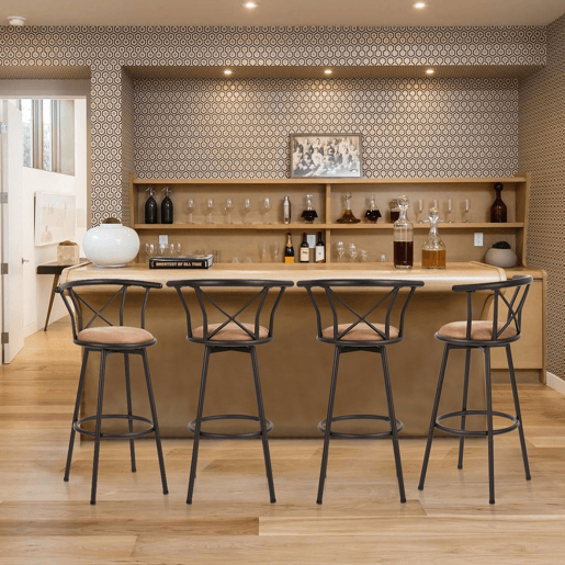 Cadeira Alta De Bar Com Encosto, Estrutura De Metal E Assento De Tecido, Estilo Moderno, Ideal Para Cozinha Ou Bar, Conjunto Com 4 Unidades, Marrom