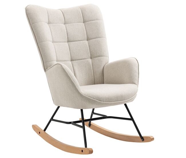 Sillón mecedora tipo butaca de tela beige, patines de madera y estructura metálica, acolchado grueso y respaldo alto, estilo nórdico, capacidad 120 kg