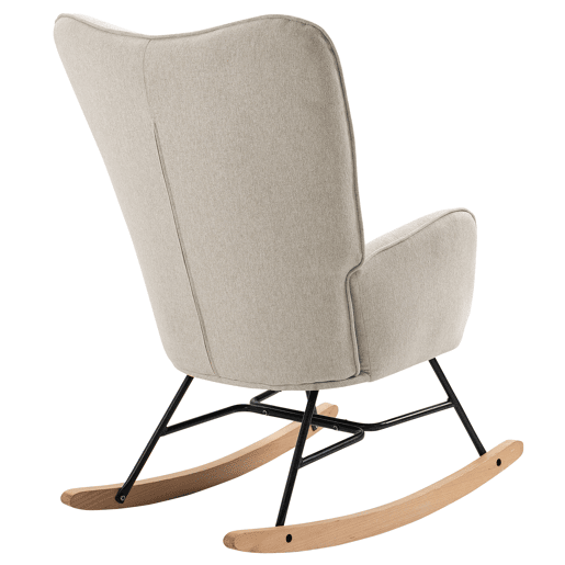 Cadeira de Baloiço Tipo Poltrona em Tecido Bege, Patins de Madeira e Estrutura Metálica, Almofadado Espesso e Encosto Alto, Estilo Nórdico, Suporta 120 Kg, Medidas 98x68x85 Cm, Altura do Assento 44 Cm, Ideal para Amamentação, Sala ou Quarto&nbsp;
