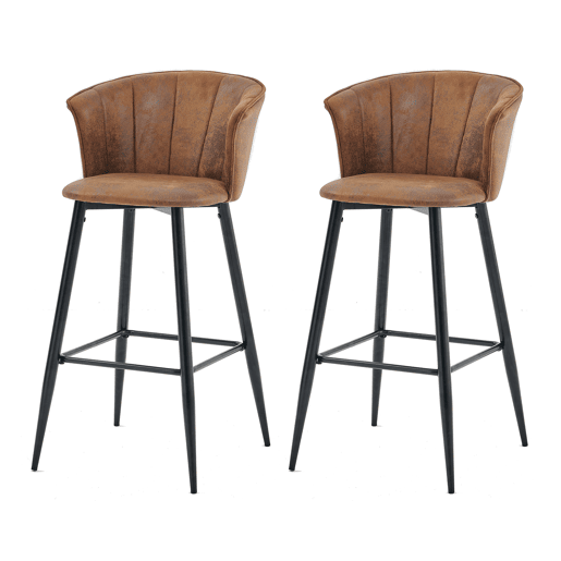 Conjunto De 2 Bancos Altos Com Encosto Estofados Em Polipele Castanha Vintage Com Pernas Metálicas Pretas Resistentes, Altura Total 97 Cm E Altura Do Assento 72 Cm, Design Ergonómico E Sofisticado Para Cozinha Ou Ilha, Perfeito Para Ambientes Modernos