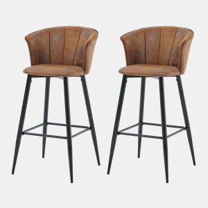 Conjunto De 2 Bancos Altos Com Encosto Estofados Em Polipele Castanha Vintage Com Pernas Metálicas Pretas Resistentes, Altura Total 97 Cm E Altura Do Assento 72 Cm, Design Ergonómico E Sofisticado Para Cozinha Ou Ilha, Perfeito Para Ambientes Modernos