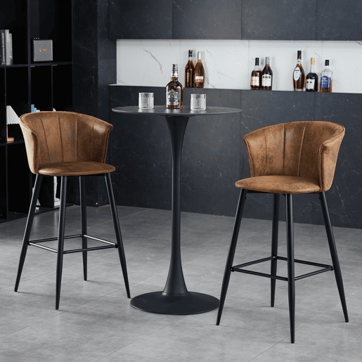 Conjunto De 2 Bancos Altos Com Encosto Estofados Em Polipele Castanha Vintage Com Pernas Metálicas Pretas Resistentes, Altura Total 97 Cm E Altura Do Assento 72 Cm, Design Ergonómico E Sofisticado Para Cozinha Ou Ilha, Perfeito Para Ambientes Modernos