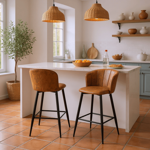 Conjunto De 2 Bancos Altos Com Encosto Estofados Em Polipele Castanha Vintage Com Pernas Metálicas Pretas Resistentes, Altura Total 97 Cm E Altura Do Assento 72 Cm, Design Ergonómico E Sofisticado Para Cozinha Ou Ilha, Perfeito Para Ambientes Modernos
