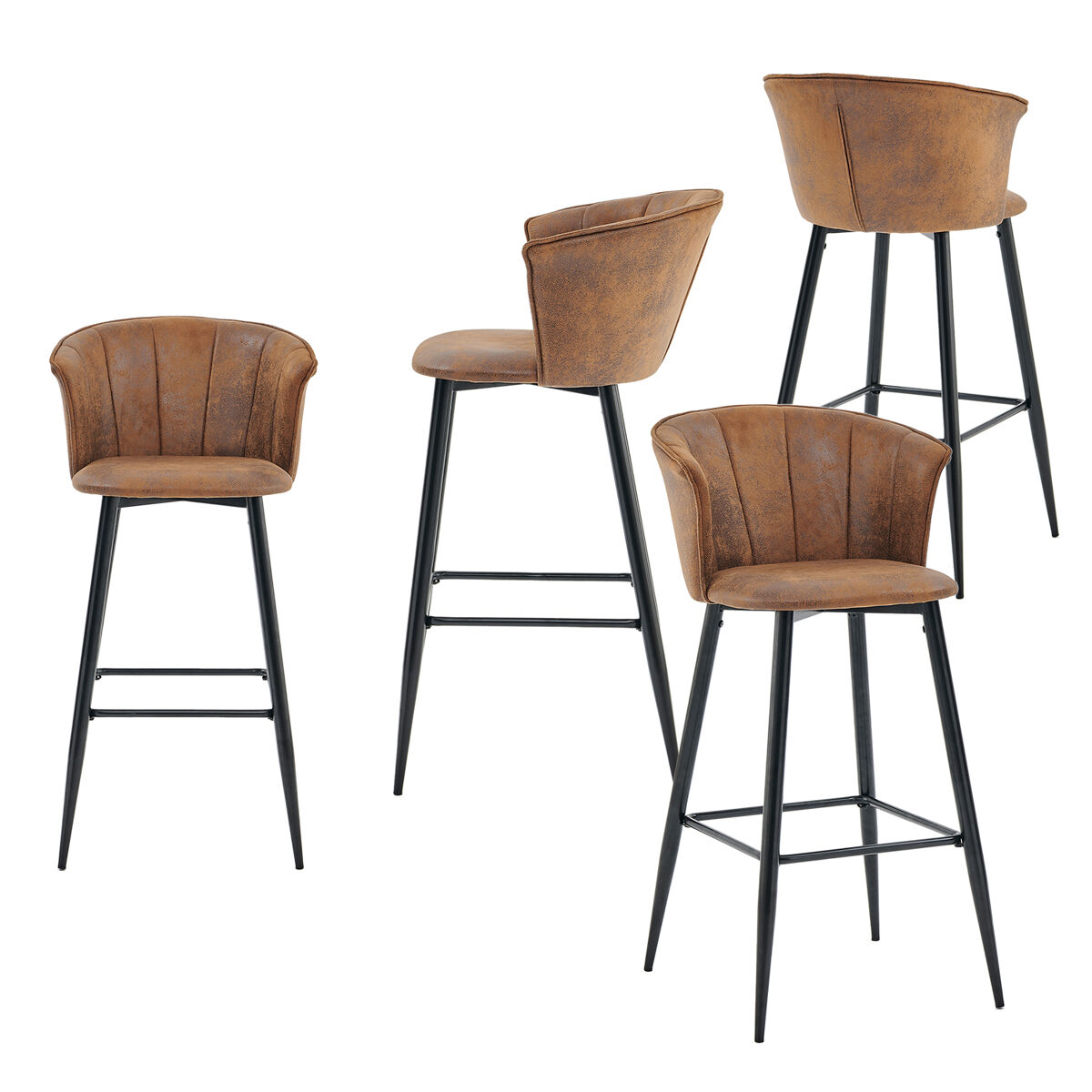 Pack de 4 taburetes altos con respaldo tapizados en polipiel marrón vintage y patas metálicas negras, altura total 97 cm, altura de asiento 72 cm,