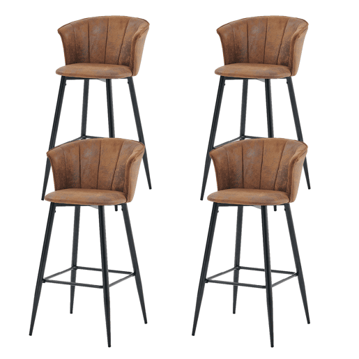Conjunto de 4 bancos altos com encosto estofados em couro sintético marrom vintage e pernas metálicas pretas, altura total 97 cm, altura do assento 72 cm, design ergonômico e elegante, ideal para balcão, ilha ou sala de jantar, estilo industrial moderno.