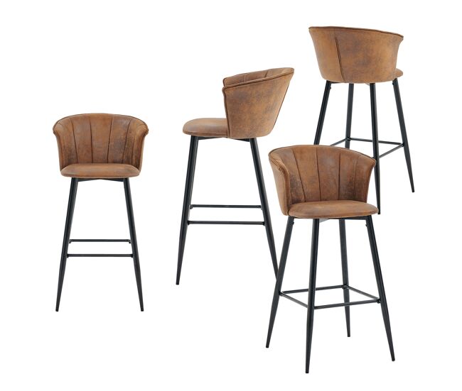 Pack de 4 taburetes altos con respaldo tapizados en polipiel marrón vintage y patas metálicas negras, altura total 97 cm, altura de asiento 72 cm,