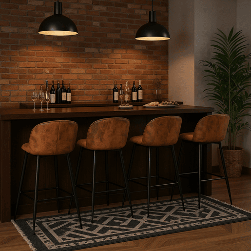 Conjunto de 4 bancos altos com encosto estofados em couro sintético marrom vintage e pernas metálicas pretas, altura total 97 cm, altura do assento 72 cm, design ergonômico e elegante, ideal para balcão, ilha ou sala de jantar, estilo industrial moderno.