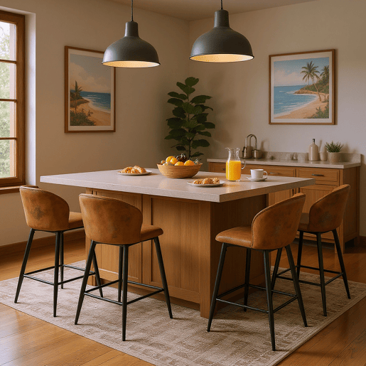 Conjunto de 4 bancos altos com encosto estofados em couro sintético marrom vintage e pernas metálicas pretas, altura total 97 cm, altura do assento 72 cm, design ergonômico e elegante, ideal para balcão, ilha ou sala de jantar, estilo industrial moderno.