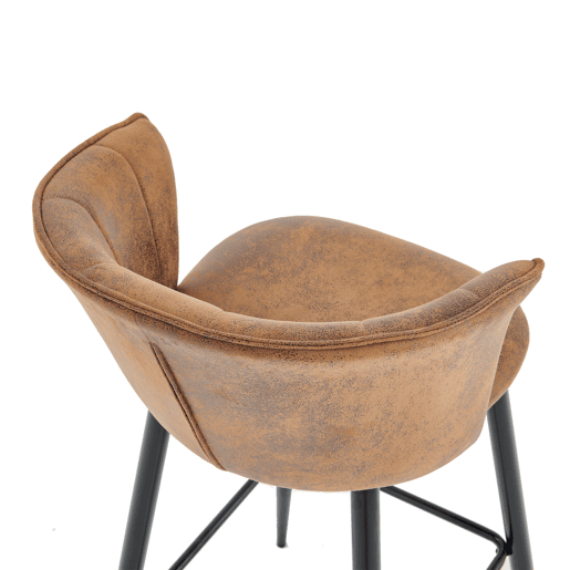 Conjunto de 4 bancos altos com encosto estofados em couro sintético marrom vintage e pernas metálicas pretas, altura total 97 cm, altura do assento 72 cm, design ergonômico e elegante, ideal para balcão, ilha ou sala de jantar, estilo industrial moderno.