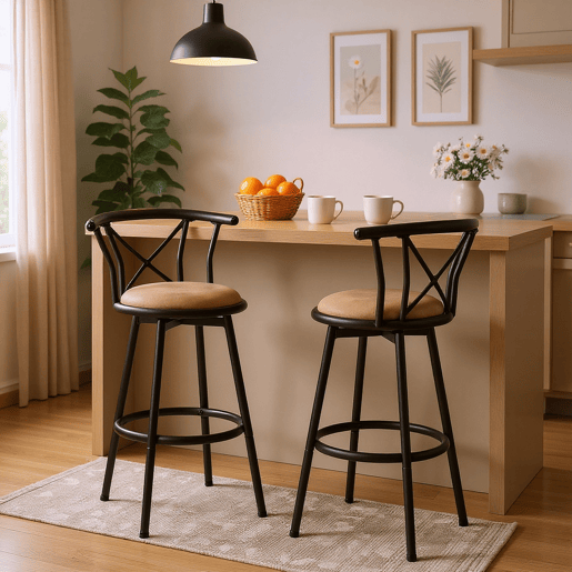 Cadeira Alta De Bar Com Encosto, Estrutura De Metal E Assento De Tecido, Estilo Moderno, Ideal Para Cozinha Ou Bar, Conjunto Com 2 Unidades, Marrom