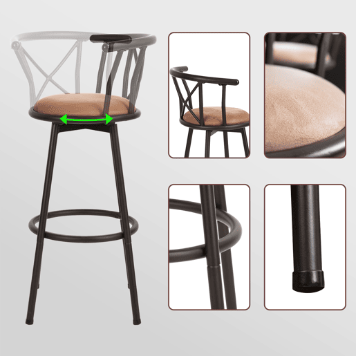 Cadeira Alta De Bar Com Encosto, Estrutura De Metal E Assento De Tecido, Estilo Moderno, Ideal Para Cozinha Ou Bar, Conjunto Com 2 Unidades, Marrom