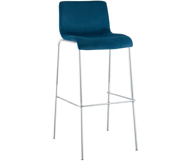 Taburete de barra hover tapizado en terciopelo con estructura de cuatro patas cromada azul 48x43x100 cm