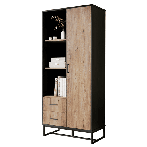 Armário auxiliar de mdf e painel de partículas com 1 porta e 2 gavetas,preto+natural