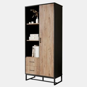 Armário auxiliar de mdf e painel de partículas com 1 porta e 2 gavetas,preto+natural