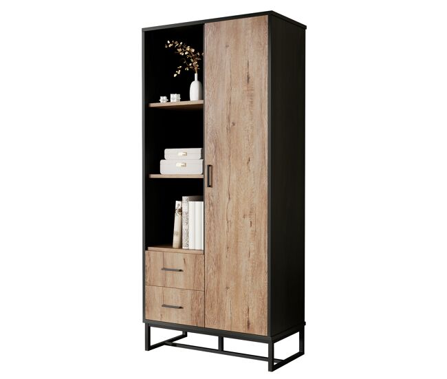Armario auxiliar de mdf y panel de partículas con 1 puerta y 2 cajones,negro+natural