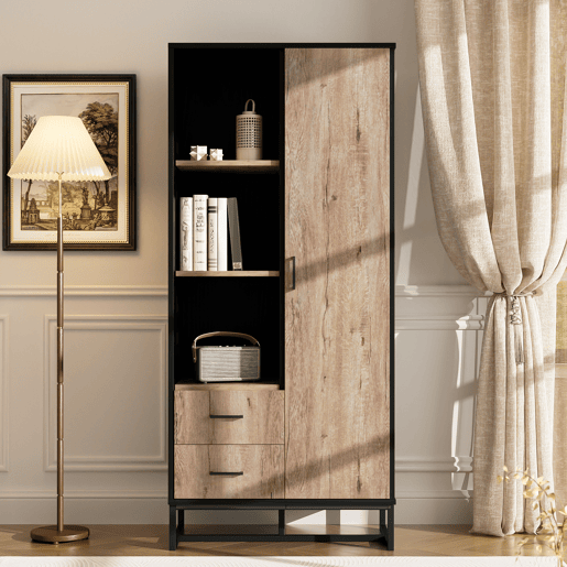 Armário auxiliar de mdf e painel de partículas com 1 porta e 2 gavetas,preto+natural