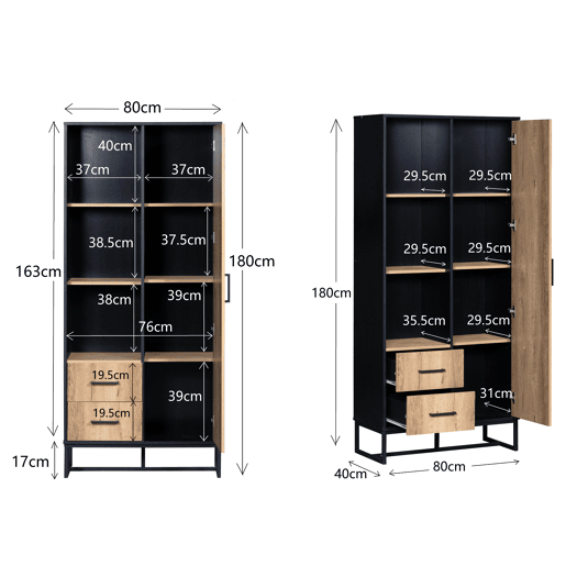Armário auxiliar de mdf e painel de partículas com 1 porta e 2 gavetas,preto+natural