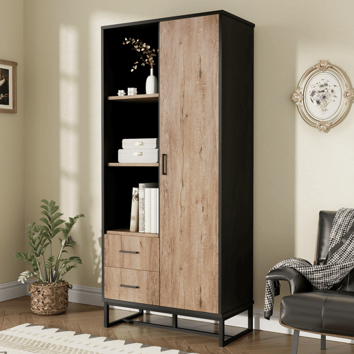 Armário auxiliar de mdf e painel de partículas com 1 porta e 2 gavetas,preto+natural