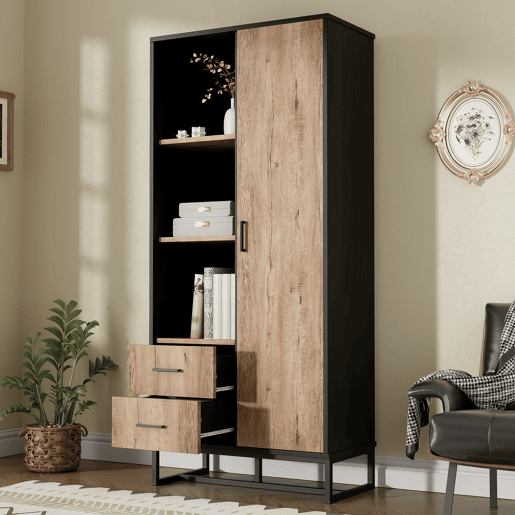 Armário auxiliar de mdf e painel de partículas com 1 porta e 2 gavetas,preto+natural