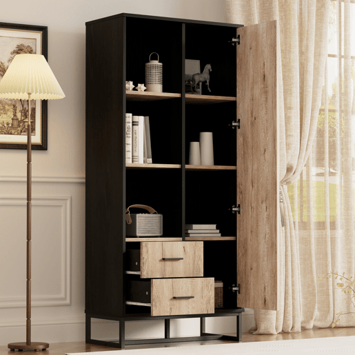 Armário auxiliar de mdf e painel de partículas com 1 porta e 2 gavetas,preto+natural