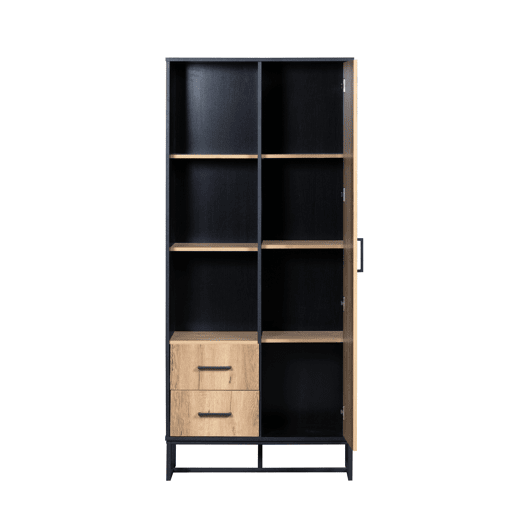 Armário auxiliar de mdf e painel de partículas com 1 porta e 2 gavetas,preto+natural