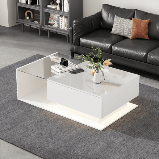 Mesa de centro 100x50x32 cm - com tampo de vidro e gavetas, resistente a riscos, com 1 gaveta, com iluminação LED, estilo moderno - Branco hochglanz
